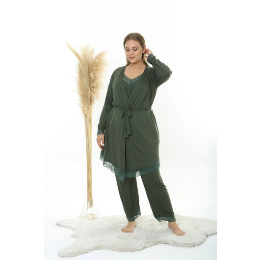 Plus Size Women's Khaki Lace String Strap Knitted Comfortable Dressing Gown + Pajama Set 3 Pieces