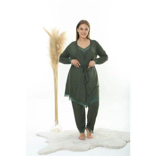 Plus Size Women's Khaki Lace String Strap Knitted Comfortable Dressing Gown + Pajama Set 3 Pieces