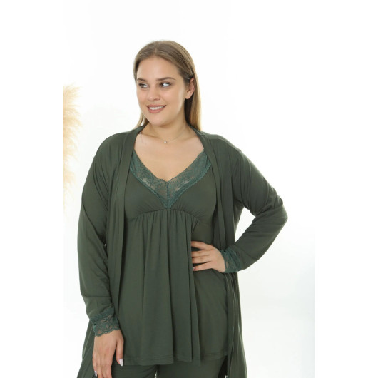 Plus Size Women's Khaki Lace String Strap Knitted Comfortable Dressing Gown + Pajama Set 3 Pieces