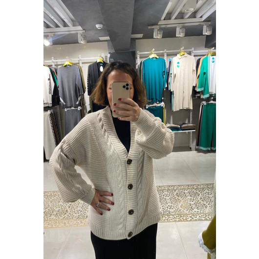 Plus Size Women's Knitted Patterned Winter Long White Cardigan