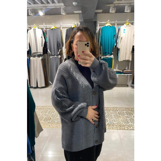 Plus Size Women's Knitted Patterned Buttoned Gray Cardigan