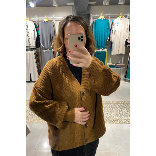 Plus Size Women's Knitted Patterned Winter Buttoned Mustard Cardigan