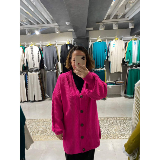 Plus Size Women's Knitted Patterned Winter Long Buttoned Fuchsia Cardigan