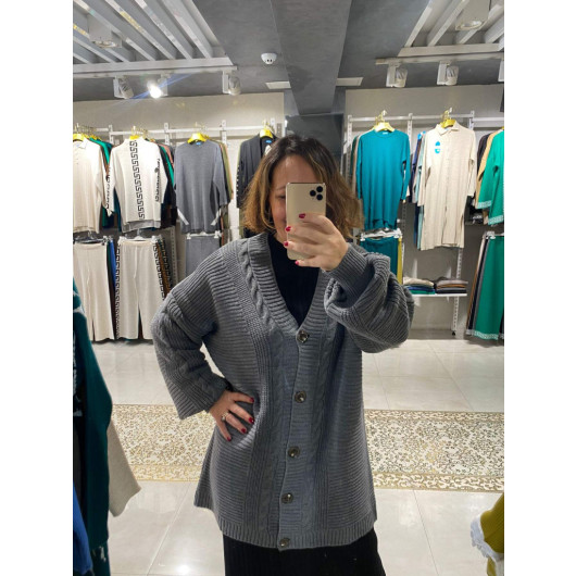 Plus Size Women's Knitted Patterned Winter Long 5 Button Gray Cardigan