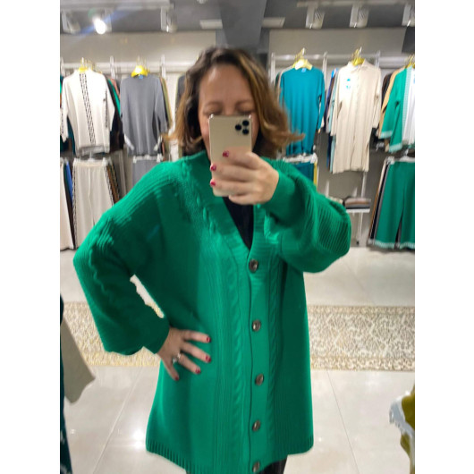 Plus Size Women's Knitted Patterned Winter Green Cardigan
