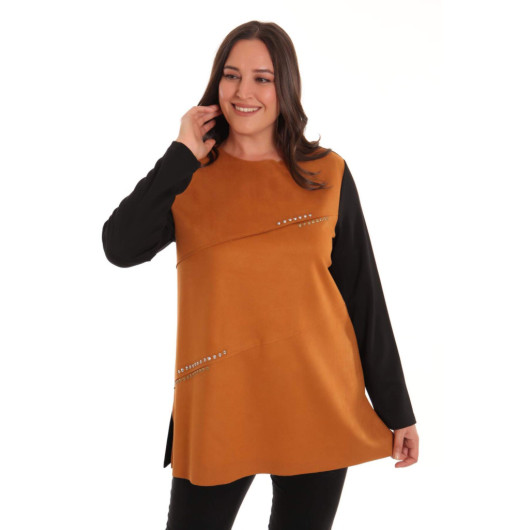 Plus Size Front Suede Drop Printed Tan Tunic