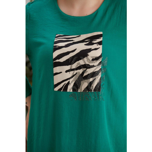Plus Size Front Zebra Pattern Stone Printed Green Tunic