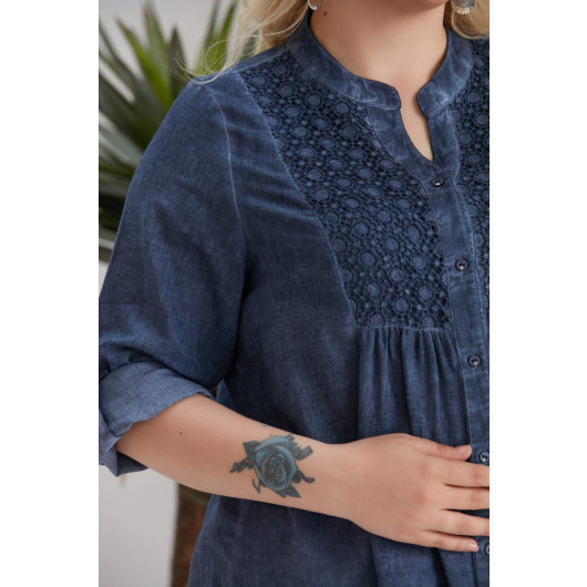Large Size Batik Navy Blue Shirt With Lace Robe