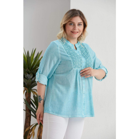 Plus Size Lace Batik Turquoise Shirt With Robe