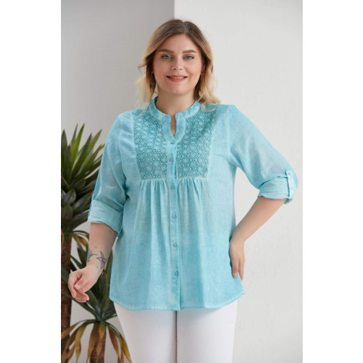 Plus Size Lace Batik Turquoise Shirt With Robe