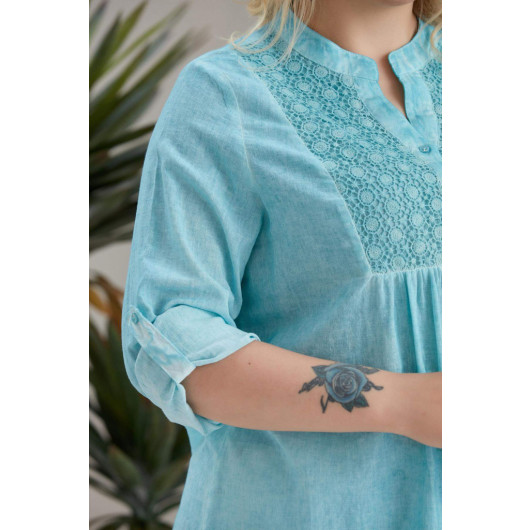 Plus Size Lace Batik Turquoise Shirt With Robe