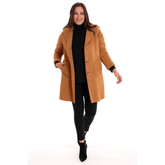 Large Size Suede Camel Coat With Fur Inside