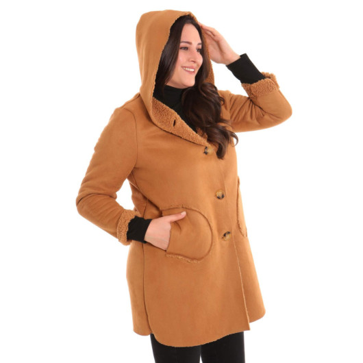 Large Size Suede Camel Coat With Fur Inside