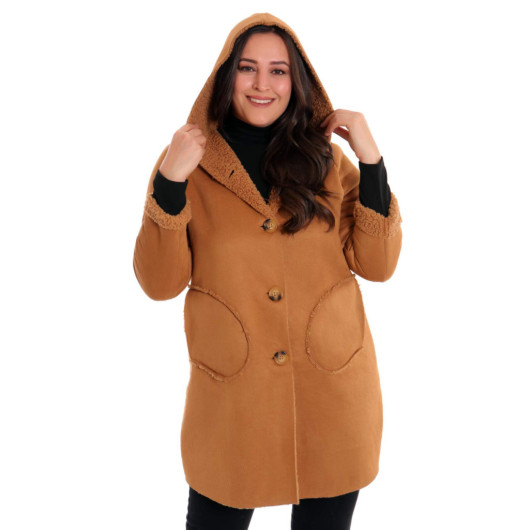 Large Size Suede Camel Coat With Fur Inside