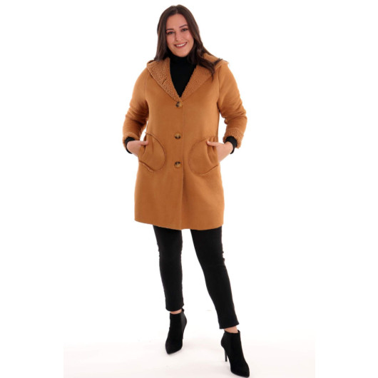 Large Size Suede Camel Coat With Fur Inside