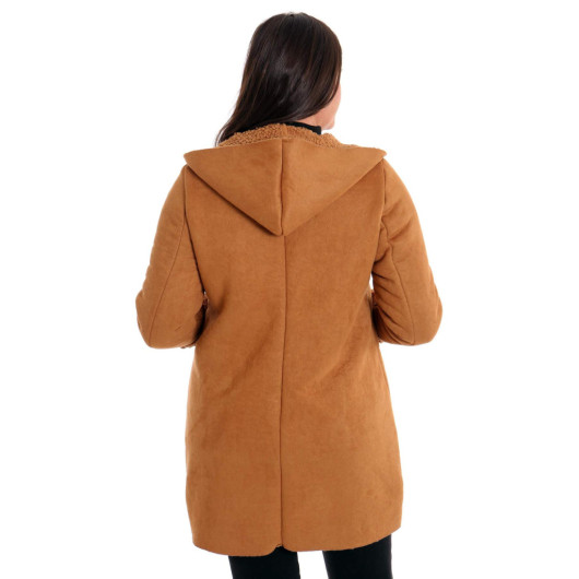 Large Size Suede Camel Coat With Fur Inside