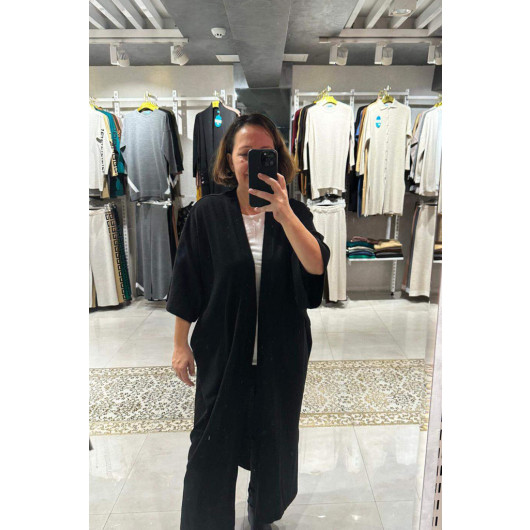 Plus Size Knitwear Sleeves Cape Kimono Long Black Cardigan