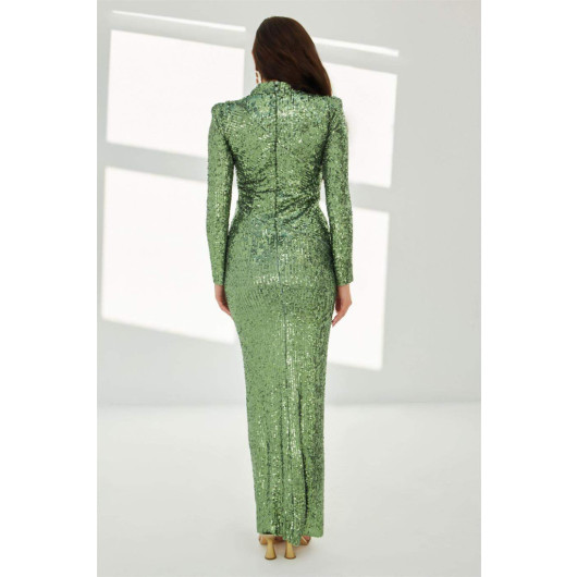 Green Sequined Long Sleeve Long Evening Dress