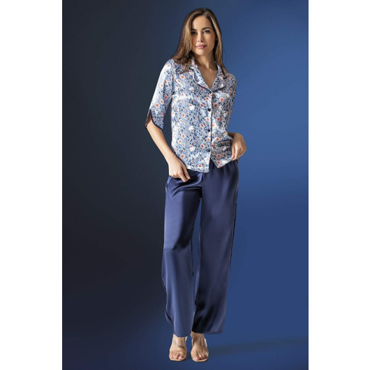 Floral Patterned Satin Blue Pajama Set