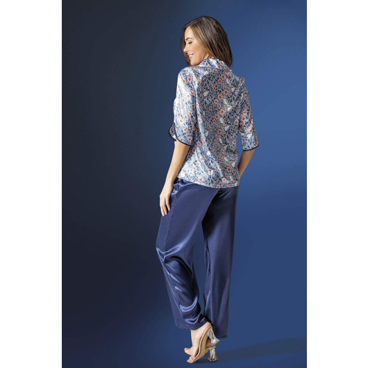 Floral Patterned Satin Blue Pajama Set