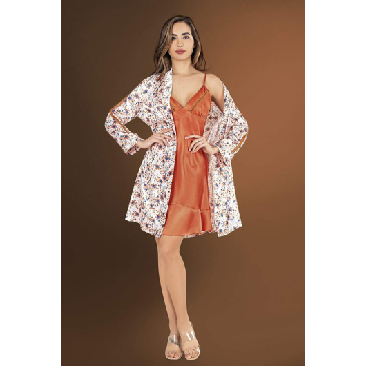 Floral Dressing Gown Nightgown Double Satin Set Orange