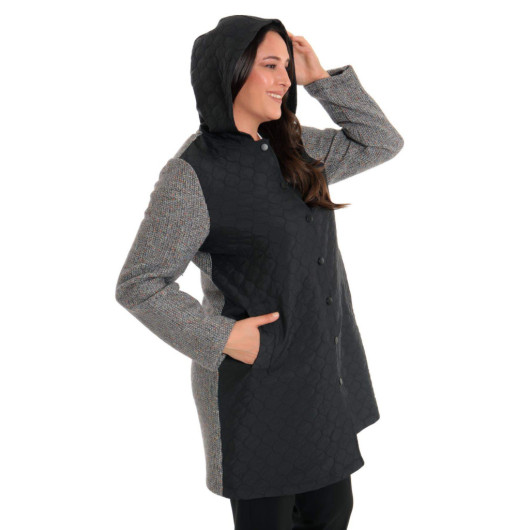 Black Quilted Coat With Snap Buttons