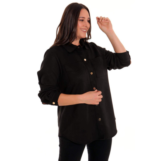 Suede Black Shirt With Snap Buttons