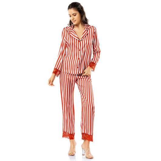 Striped Tile Double Satin Nightgown Pajama Set