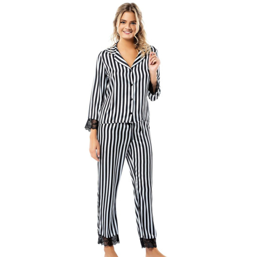 Striped Black Double Satin Nightgown Pajama Set