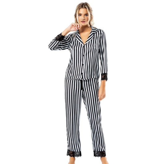 Striped Black Double Satin Nightgown Pajama Set