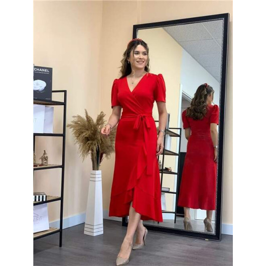 فستان كريب نسائي مزين بكشكشة احمر