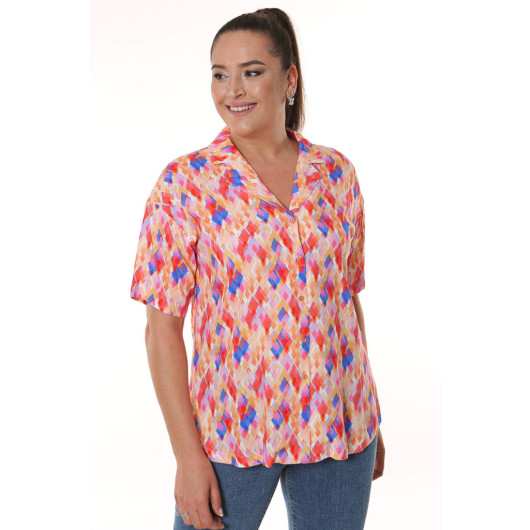 Circle Patterned Short Sleeve Coral Shirt