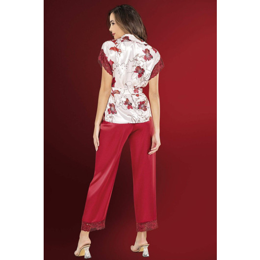 Lace Satin Claret Red Pajama Set