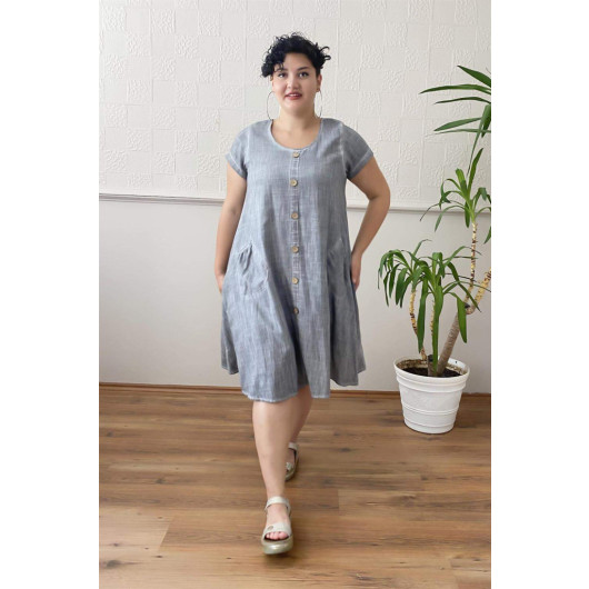 Button Detail Washed Plus Size Dress Gray