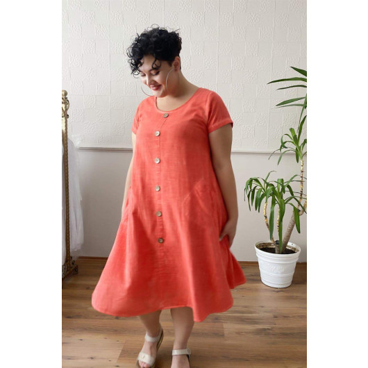 Button Detail Washed Plus Size Dress Coral