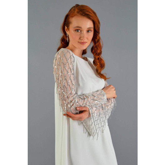 Ecru Sleeves Tassel Sequined Plus Size Evening Dress