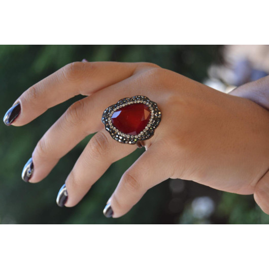 Handmade Red Crystal Adjustable Ring