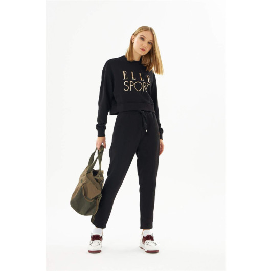 Elle Sport Black Gilt Women Crop Sweatshirt