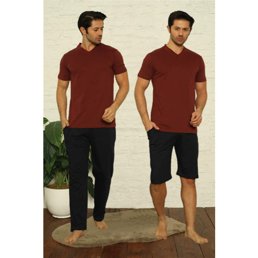 Men's Claret Red V-Neck 3-Piece Pajama Set