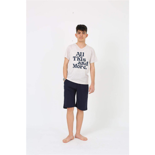 Boy's Short Sleeve Cream Combed Cotton Pajama Set With Shorts