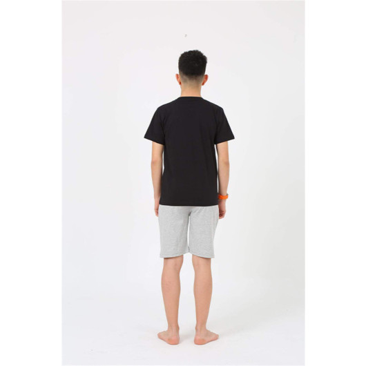 Boy's Short Sleeve Pajama Set With Black Combed Cotton Shorts