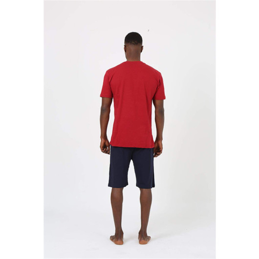 Men's Short Sleeve Claret Red Combed Cotton Pajama Set With Shorts