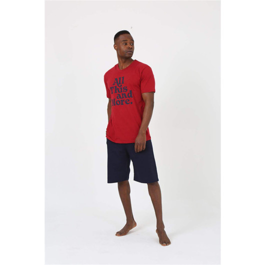 Men's Short Sleeve Claret Red Combed Cotton Pajama Set With Shorts