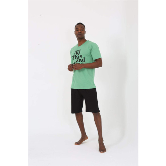 Men's Short Sleeve Pistachio Green Combed Cotton Pajama Set With Shorts