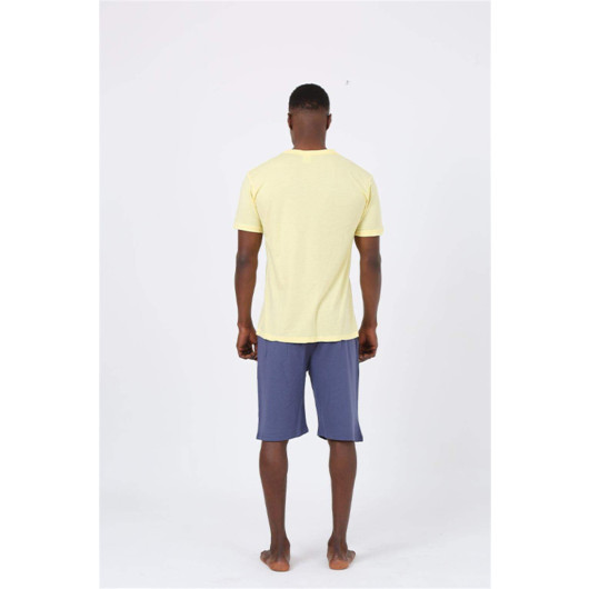 Men's Short Sleeve Yellow Combed Cotton Pajama Set With Shorts