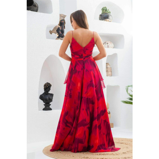 Fuchsia Printed Long Evening Dress With Low Cut Legs
