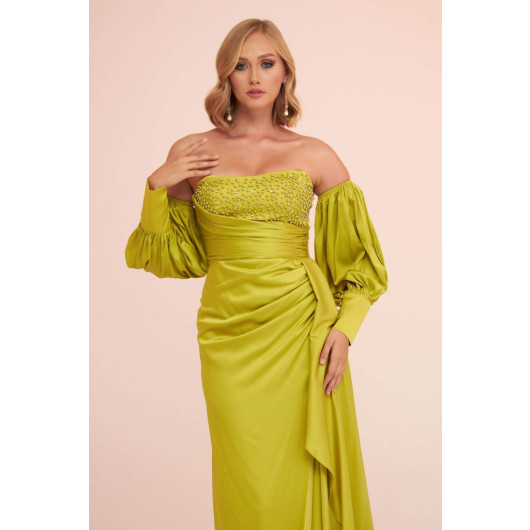 Pistachio Green Satin Front Embroidered Balloon Sleeve Long Evening Dress