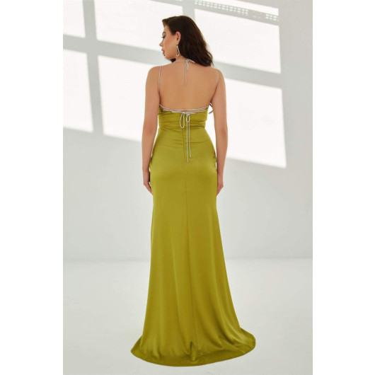 Pistachio Green Satin Stone Strap Long Evening Dress