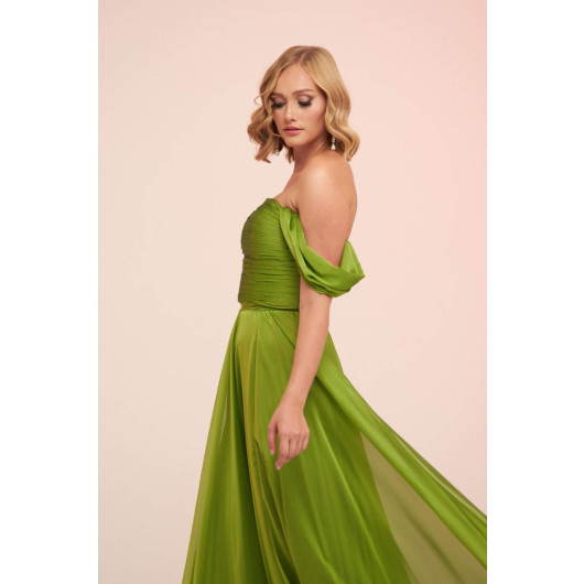 Pistachio Green Chiffon Low Sleeve Long Evening Dress