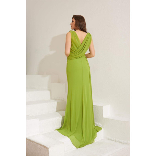 Pistachio Green Chiffon Shoulder Stone Long Evening Dress